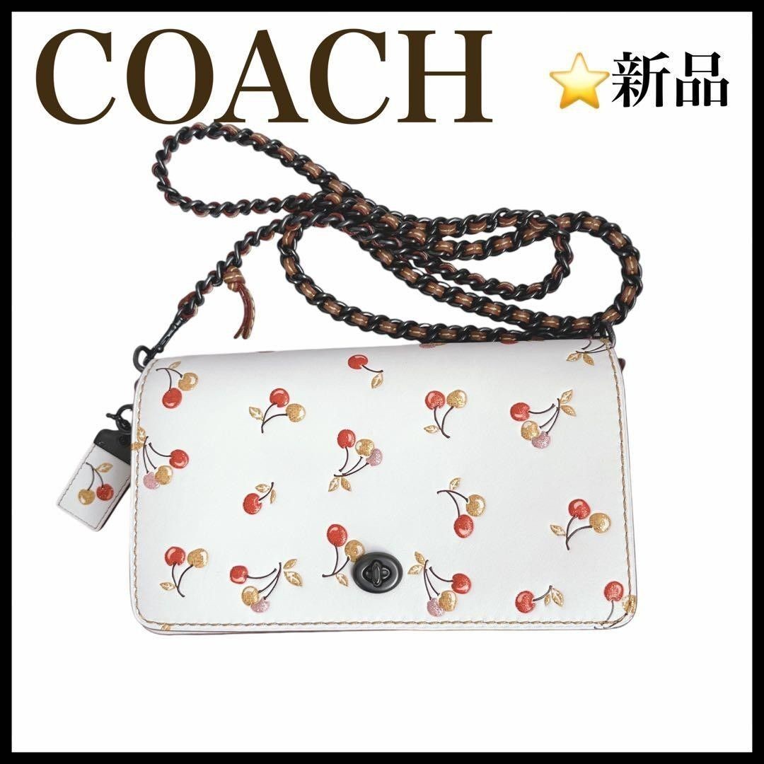 Brand COACH Dinky Grab Tan Leather with Cherry Print