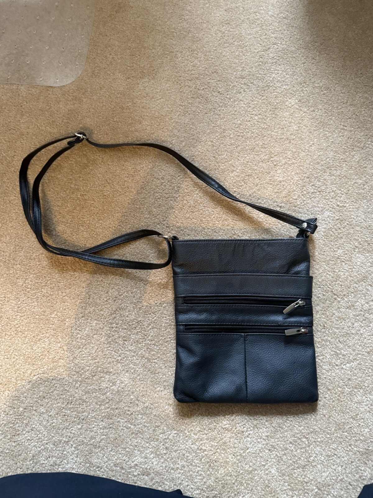 Black Leather Mini Body Purse:Five Compartments, Adjustable Strap 8x 8.75 inches