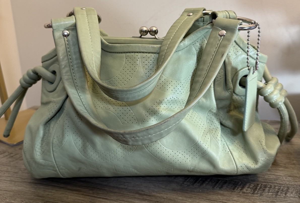 Coach Green Parker Perforated Op Art C Kisslock Frame Tote Bag Purse Satchel