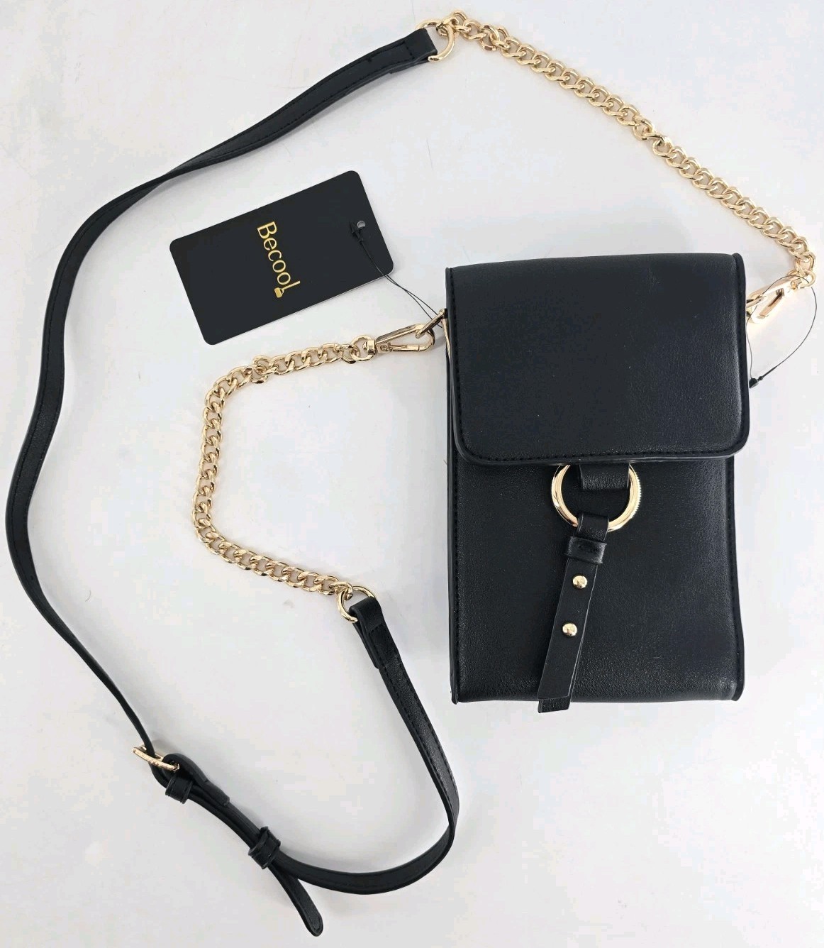 Becool Vegan Leather Ring Ring Phone Case Crossbody Clutch Black Brass NWT