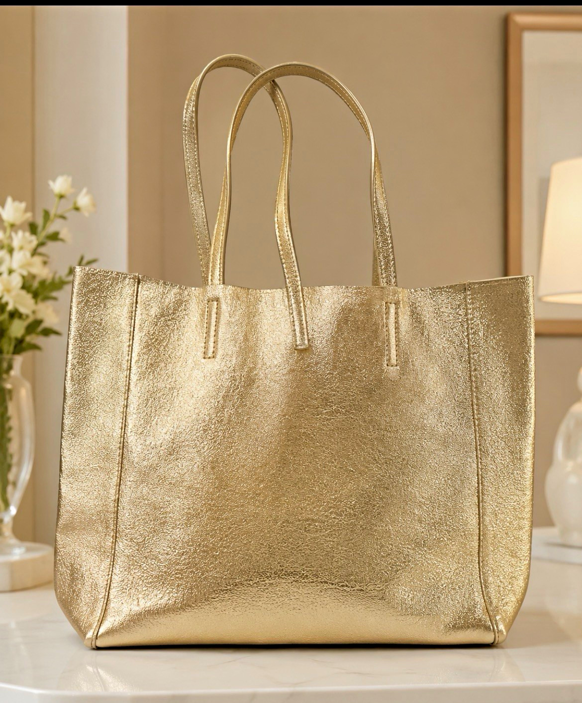 Women’s Metallic Gold Tote Bag, Double Handles, Solid Rectangle, Strap Accent