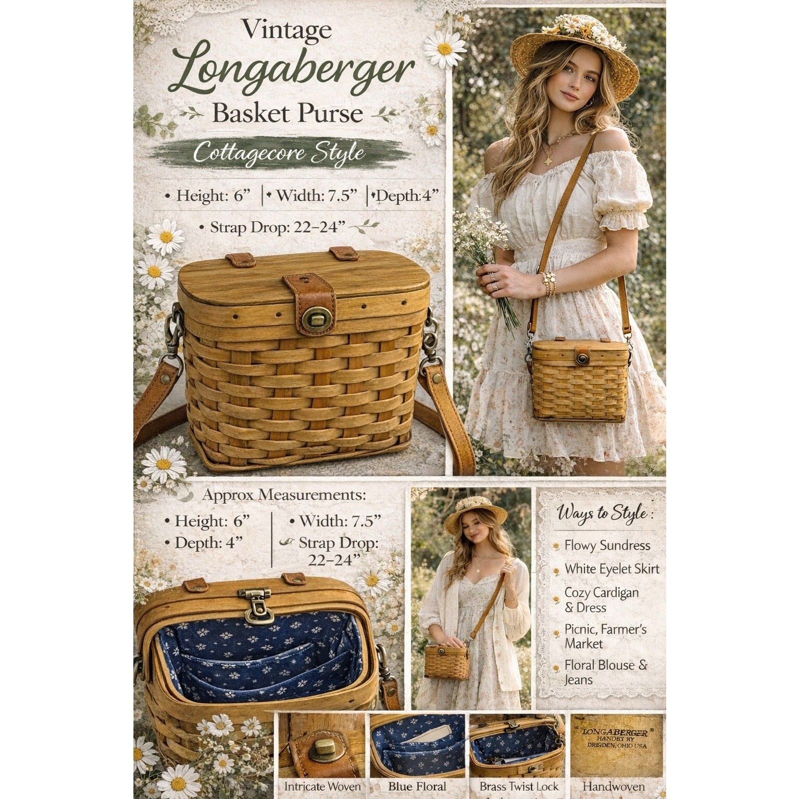 Longaberger VTG wooden handwoven 1997 CROSSBODY basket purse leather strap