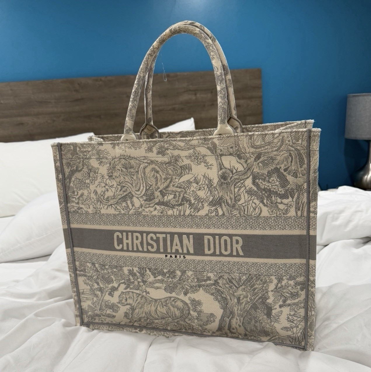 Dior Christian Dior Paris Toile Tote Bag Beige Gray Logo Open Top