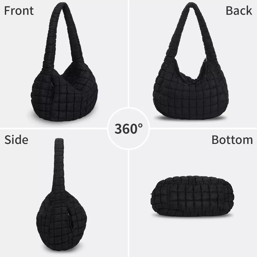 Womens Black Nylon Quilted Large Puffer Tote Shoulder Carryall Bag Side Pockets