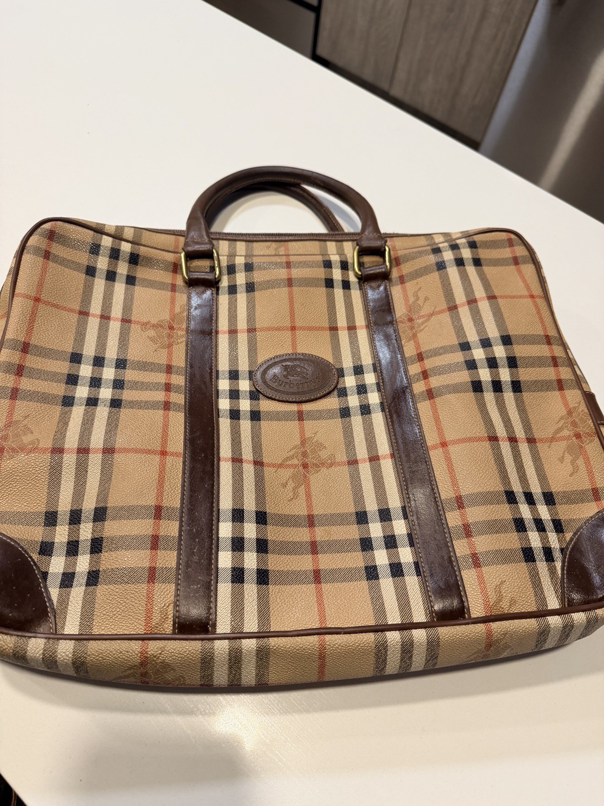 Burberry Beige Plaid Tote Bag Top Handle Zip Closure Inner Pockets Gold HW