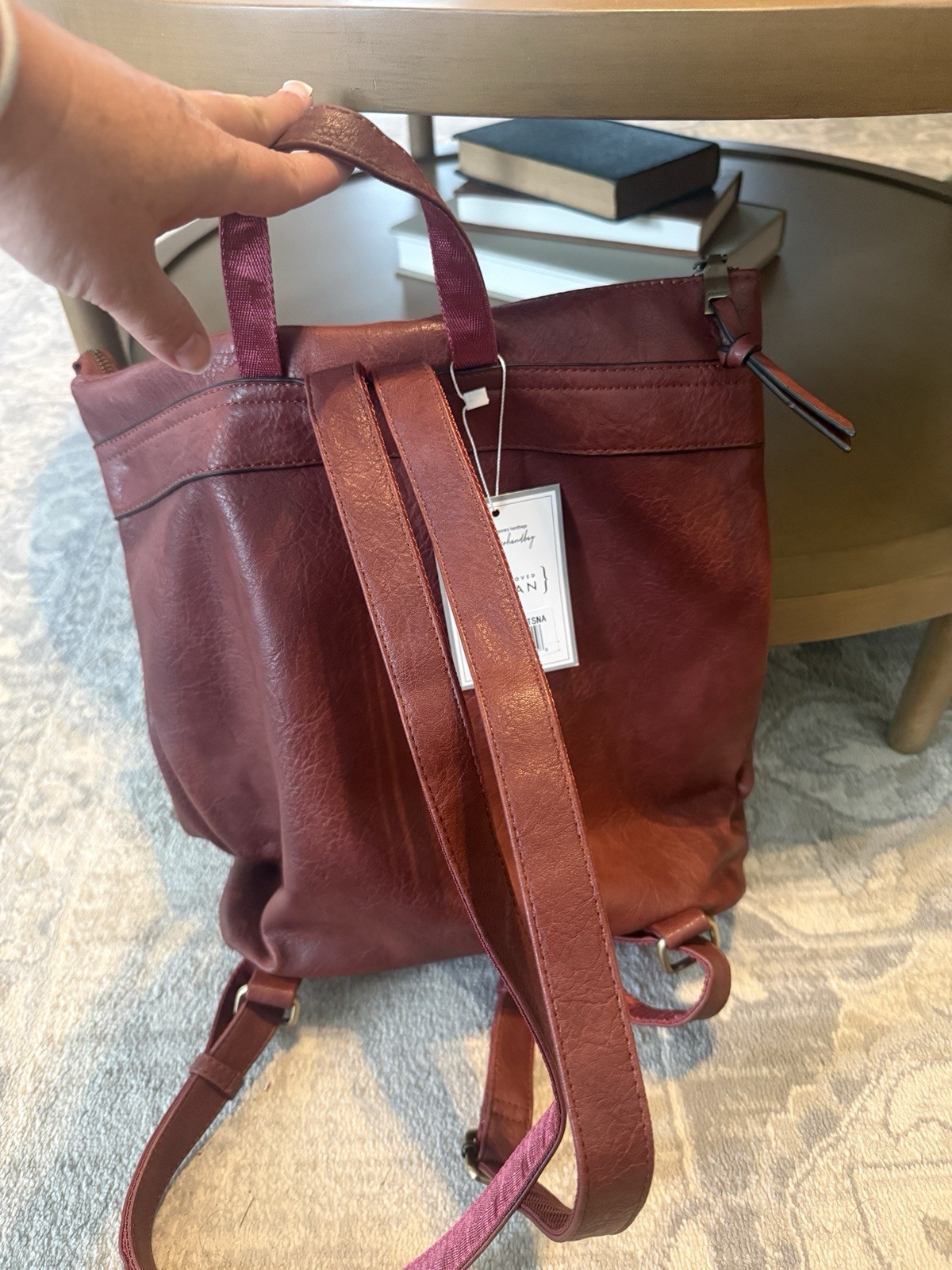 Jen & Co Women’s Vegan Burgundy Backpack Zip Closure Top Handle Zipper Accents