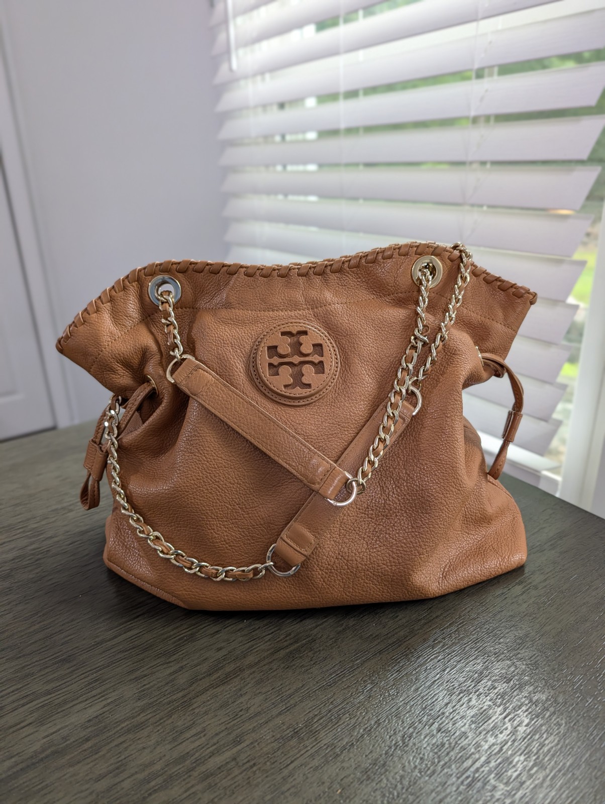 Tory Burch Marion Slouchy Tote Bark Brown Pebbled Leather Chain Handbag Large