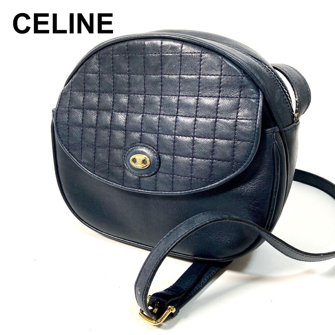 CELINE Quilted Leather Shoulder Bag Triomphe Macadam Dark Blue Gold Auth
