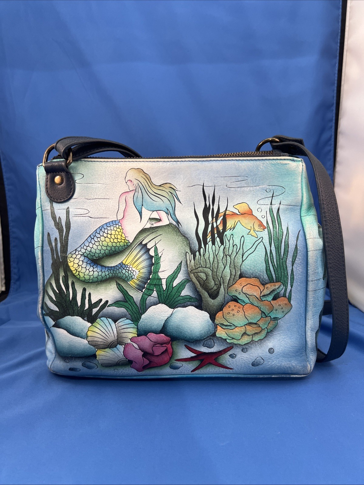 Anuschka Leather Handpainted Mermaid Crossbody Bag Purse Handbag