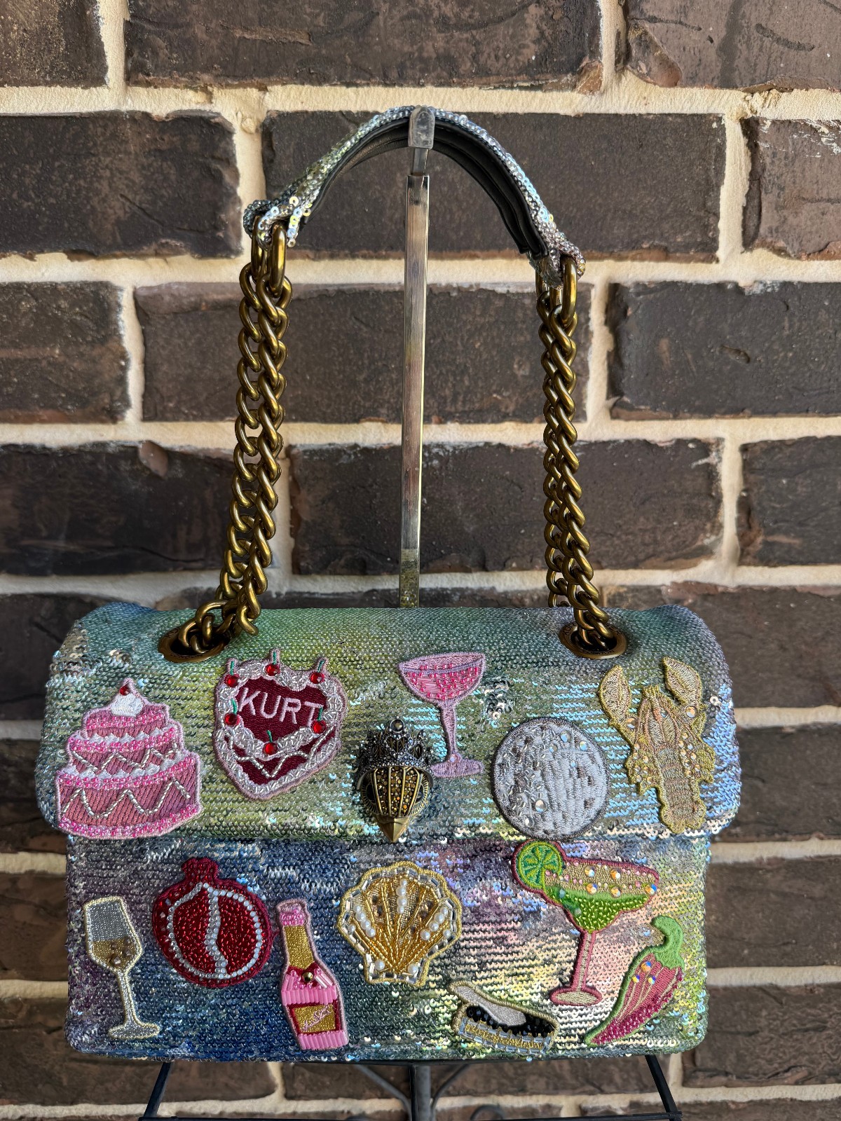 NWT$318 Kurt Geiger Kensington Sequin Novelty Crossbody ShoulderBag Silver multi