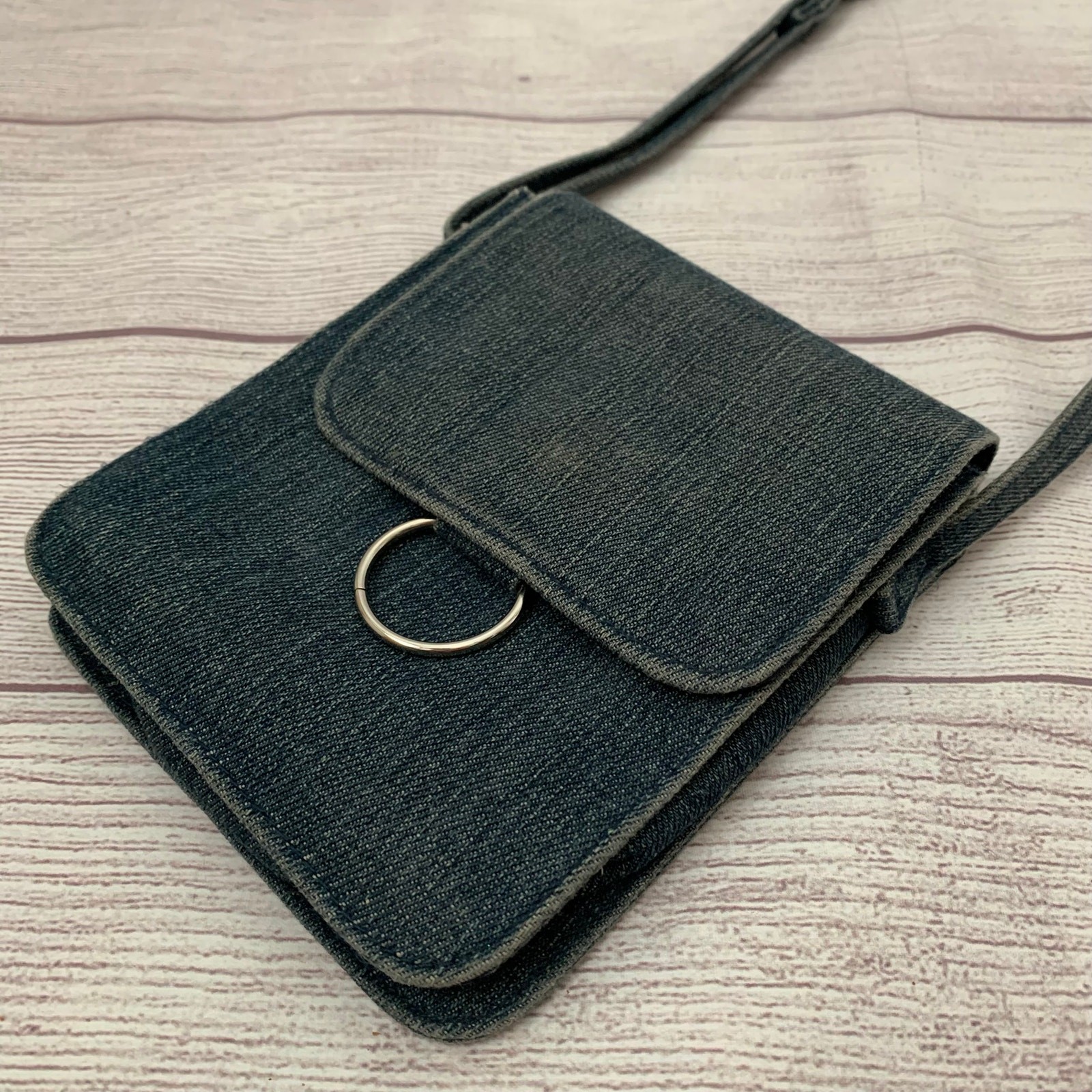 Denim Blue Jean Crossbody Purse Adjustable Strap Snap Button Flap Closure