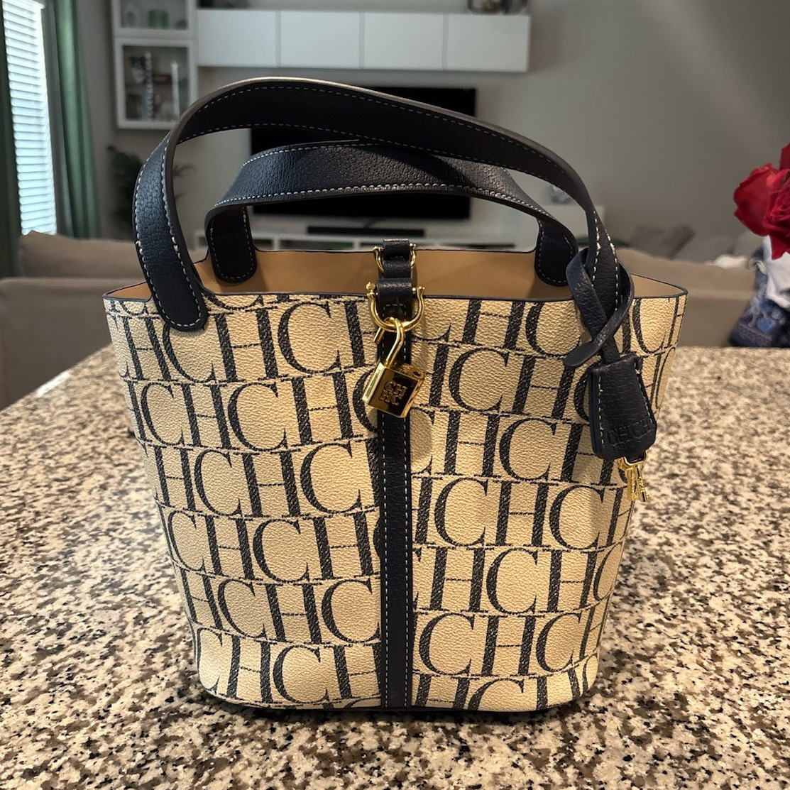 CH Carolina Herrera Monogram Small Tote Blue Beige Gold Hardware Lock, Pockets