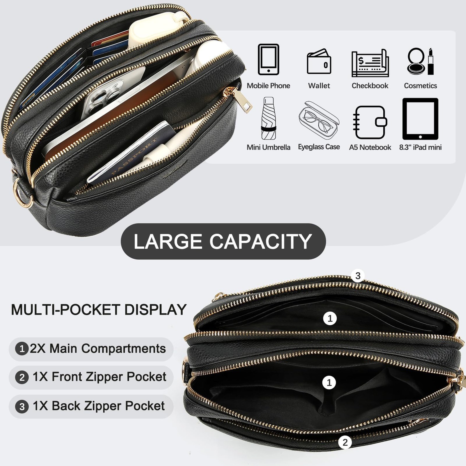 Crossbody Bag for Women Leather Purse Anti Theft Multi Pockets Wide Adjustabl…