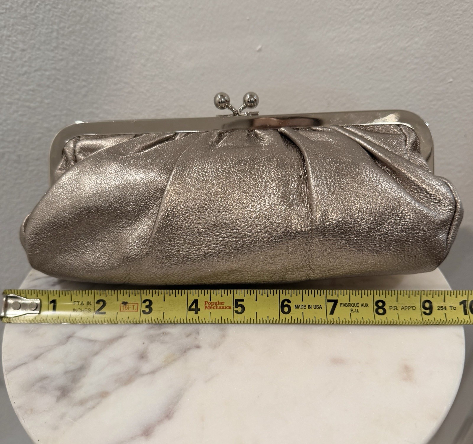 Express Metallic Silver Kiss Lock Pleated Clutch, Lined w/ Inner Pockets