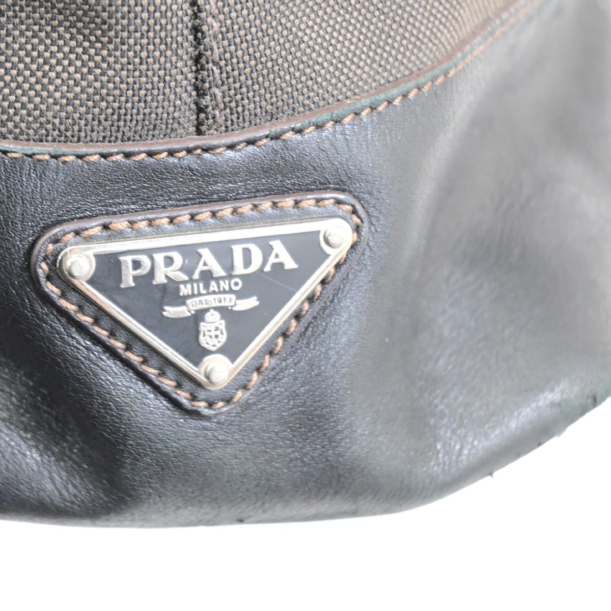 PRADA Logo Jacquard Shoulder Tote Bag Canvas Leather Black Brown 64KD261