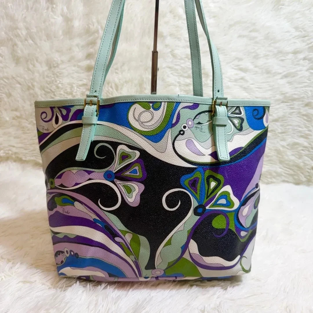 EMILIO PUCCI PVC Tote Bag Geometric Mint Green Purple Blue White 37cm