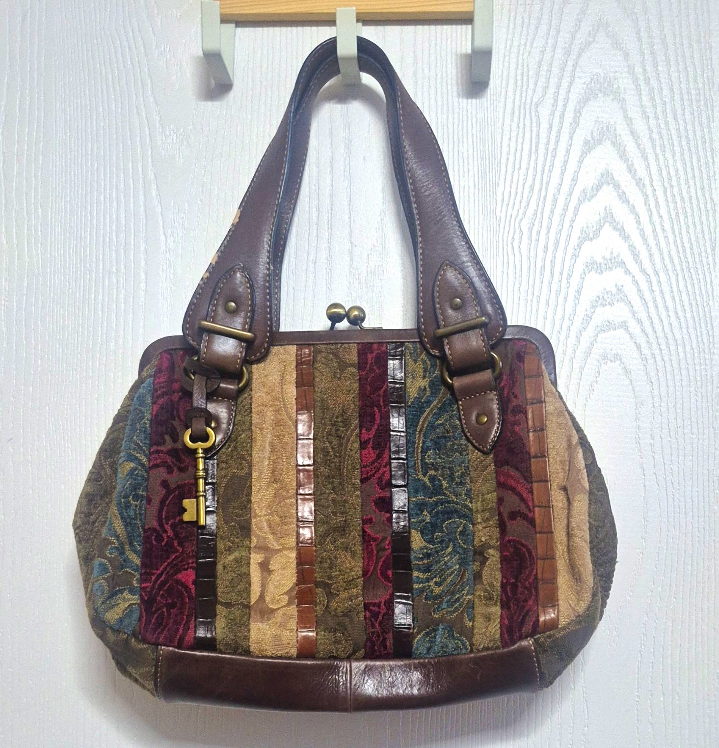 Fossil Multicolor Brown Paisley Satchel Top Handle Kiss Lock Zip Gold Hardware
