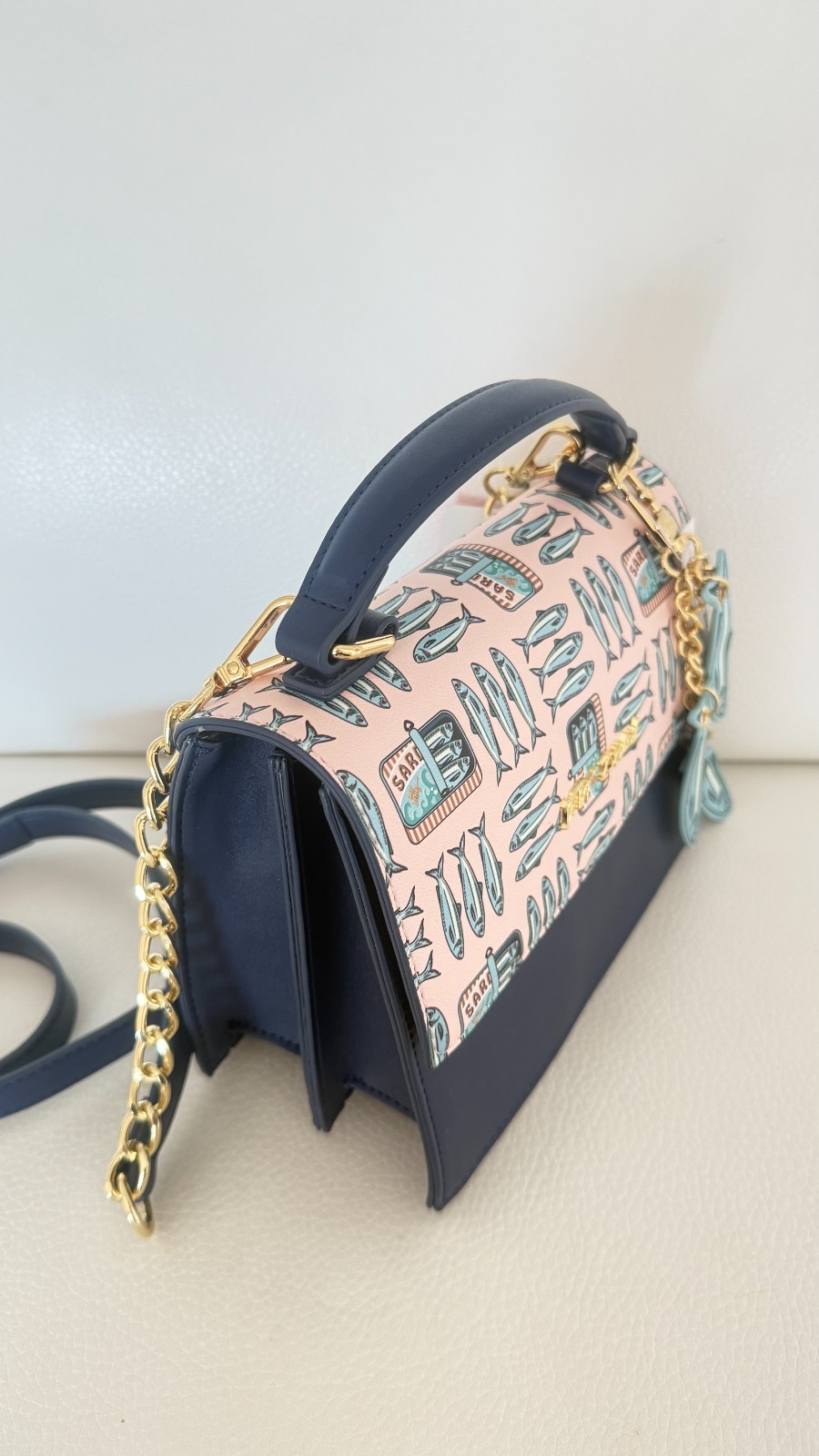 NWT BETSEY JOHNSON XOMYLO2 SATCHEL CROSSBODY BAG NAVY W SARDINE CHARM KEYFOB