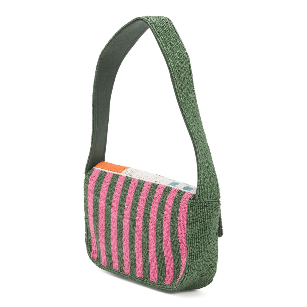 Green Embroidered Mosaic Shoulder Bag with Fruit & Sun Motifs