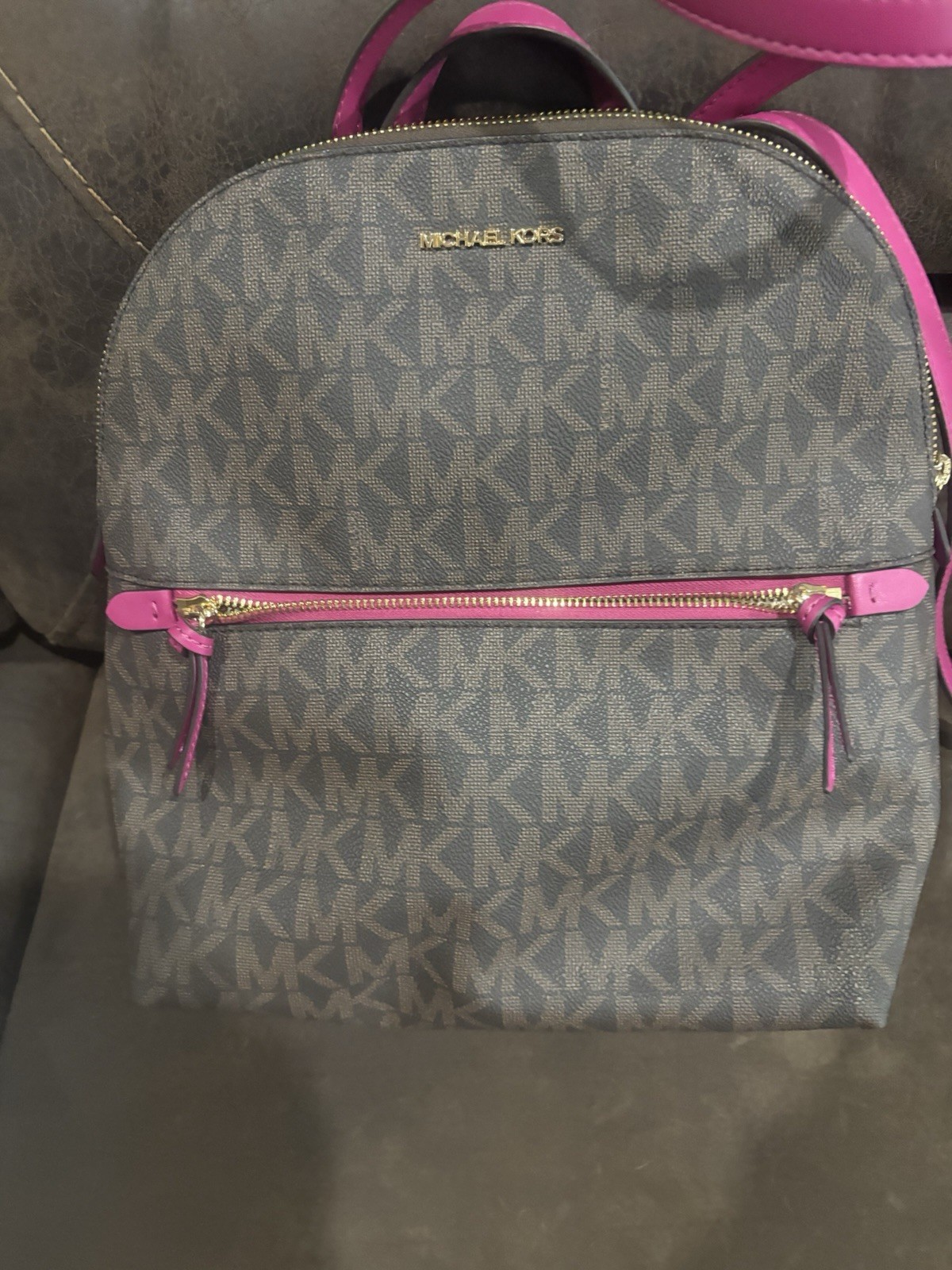 Michael Kors Logo Backpack Gray/Pink with Gold Hardware Zip, Adjustable Strap