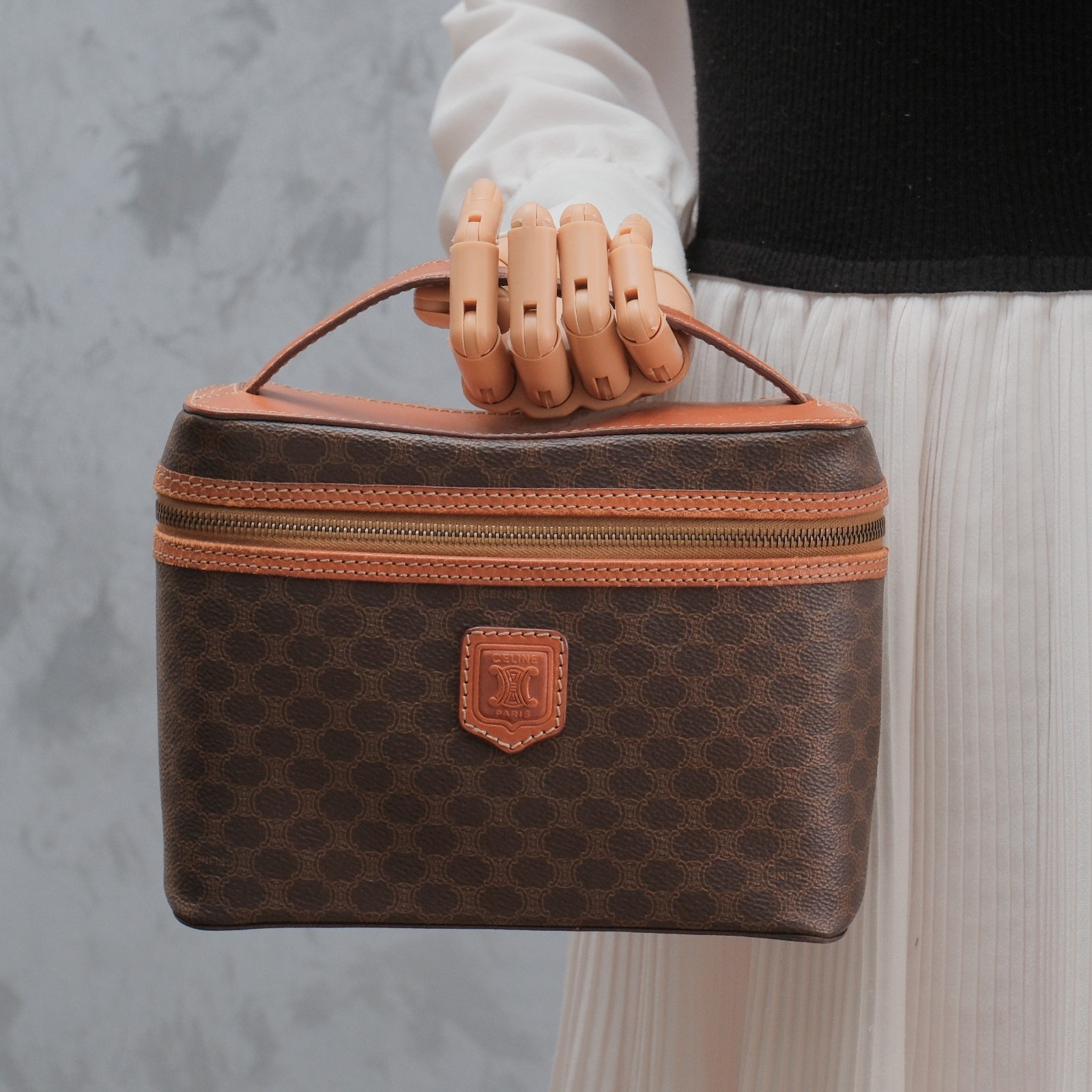 CELINE Macadam Vanity Hand bag Purse Brown PVC Leather M94