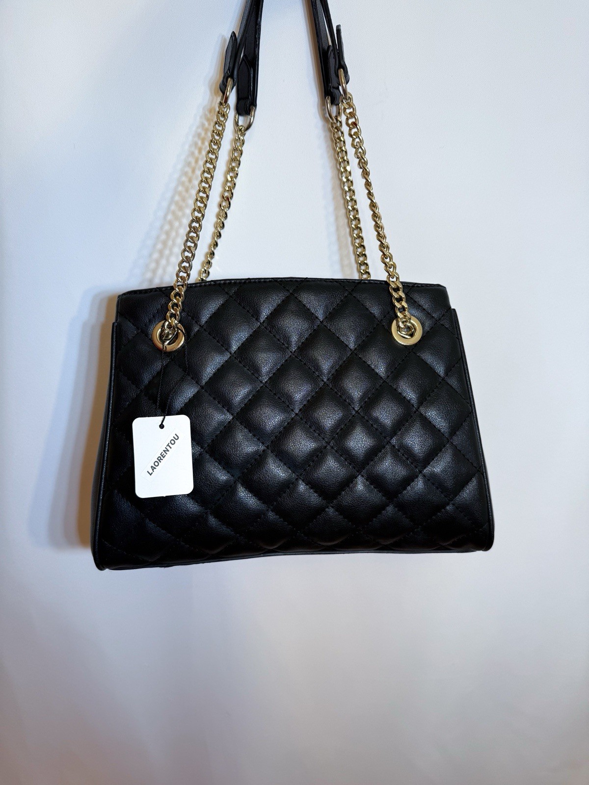 Quilted Genuine Cowhide Leather Office Work Chain Bag Black 10.5×4.5×7.5”