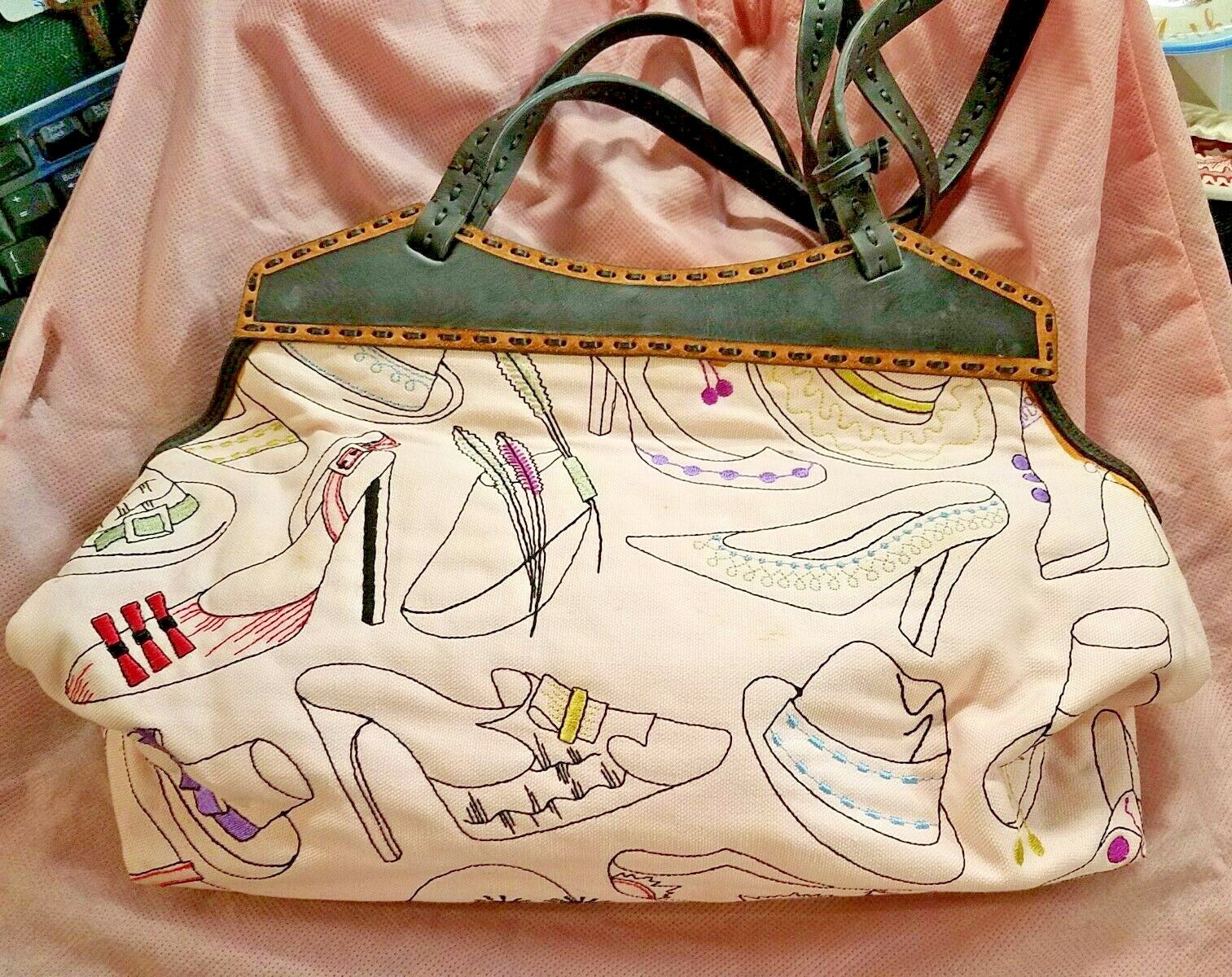 ANTONIO MELANI Pink Canvas Purse Embroidered w/ Shoes & Hats Leather Trim NEW