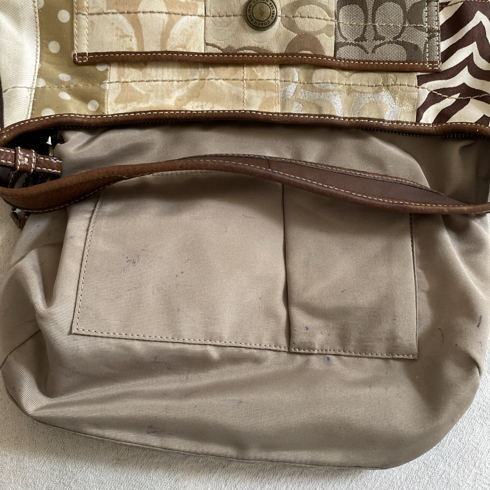 Coach Ergo Khaki Gold Browns Patchwork Medium Hobo Tiger Leopard & Classic “C”