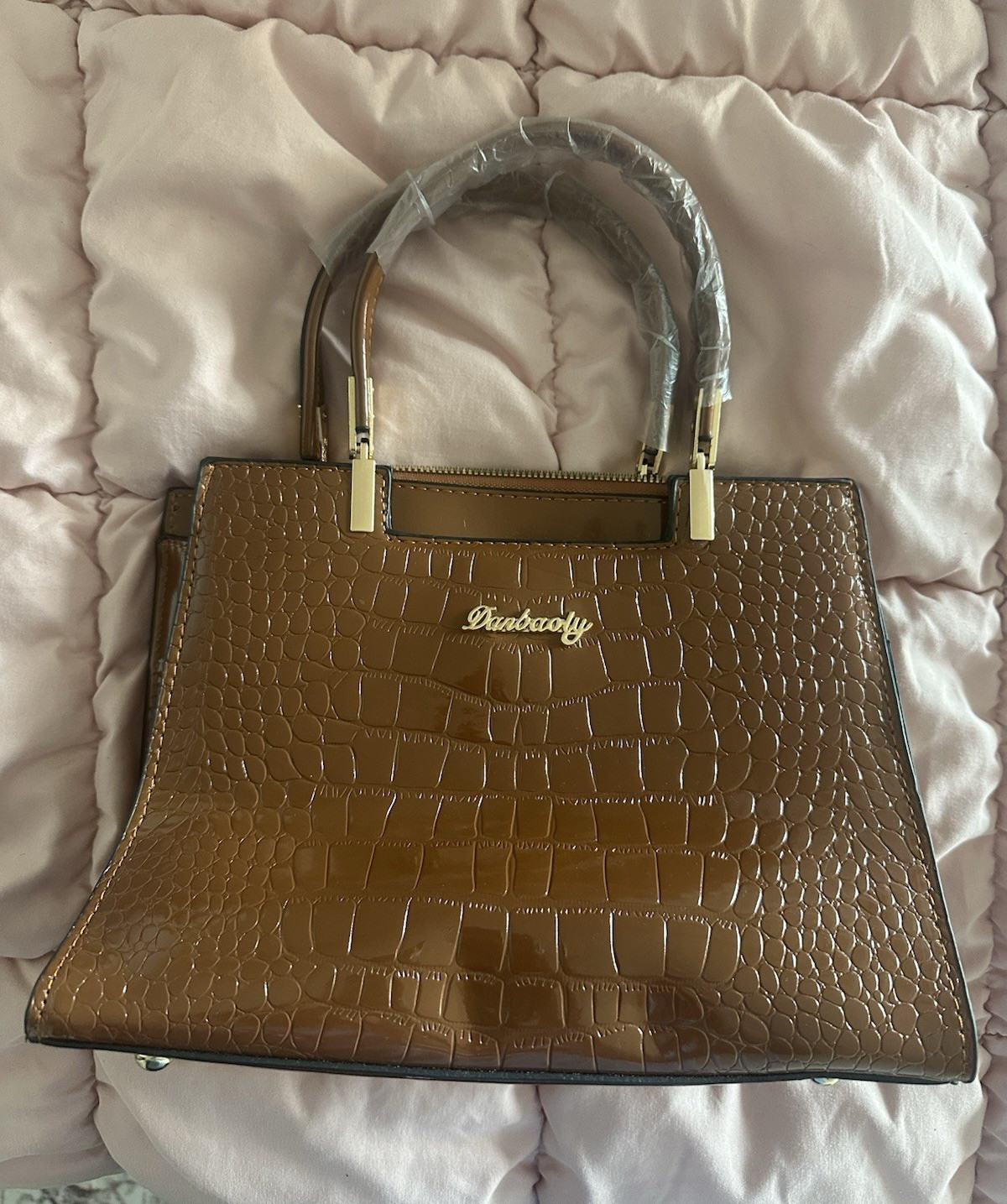 Danbaoly Brown Croc Embossed Zip Satchel Top Handle Bag Gold Hardware Strap