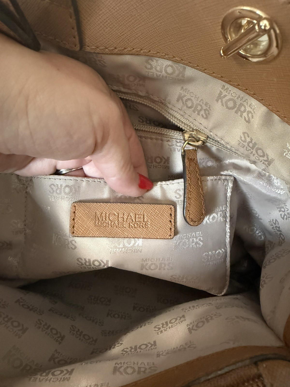 Michael Kors Monogram Tote Bag Brown Chain Gold Hardware Charm Multi Pocket