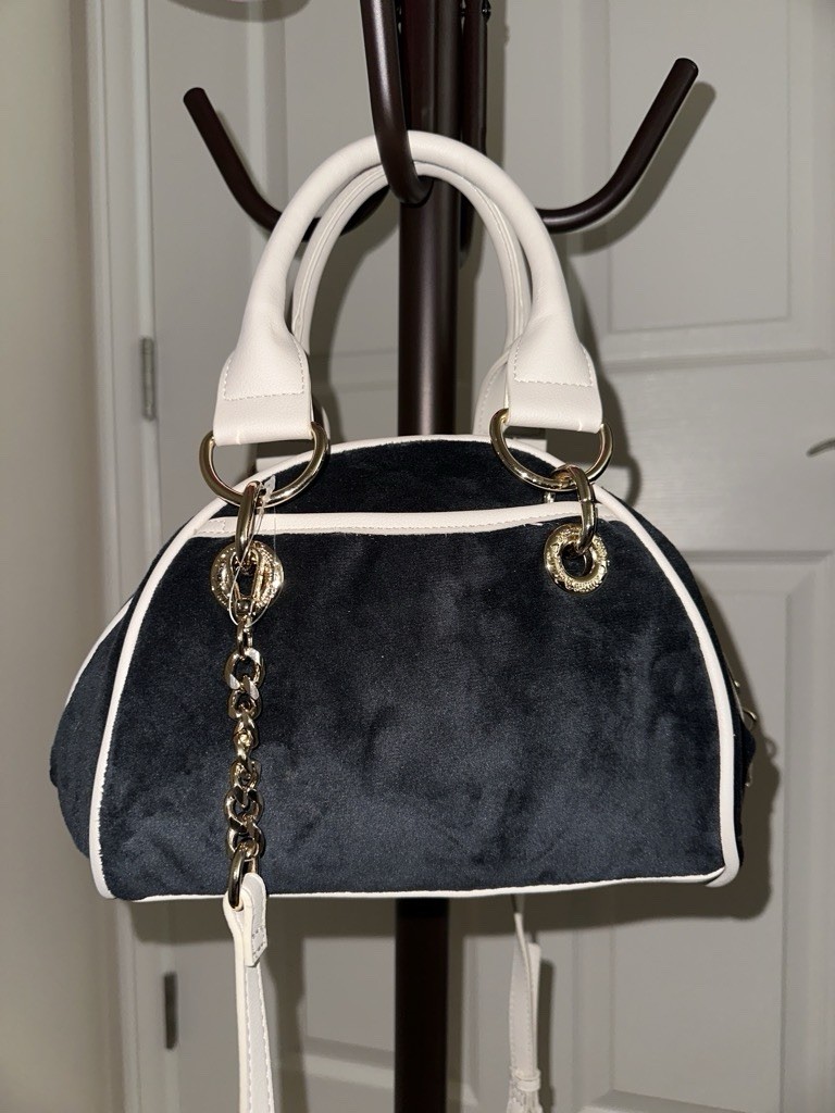 Juicy Couture Medium Satchel Black/White Zip Rhinestone Logo Strap