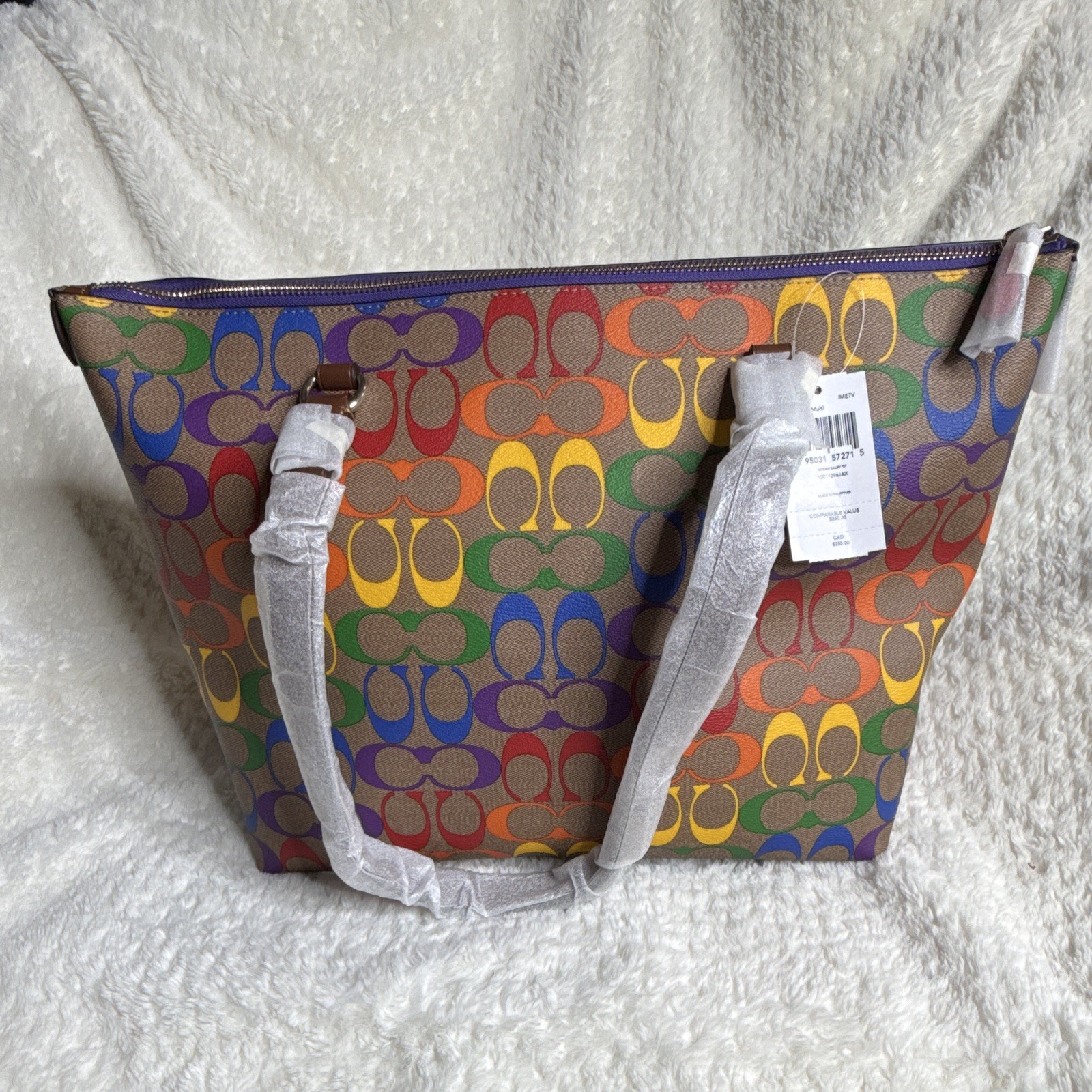 Coach Signature Rainbow Gallery Tote Khaki Multi Zip Top Detachable Strap