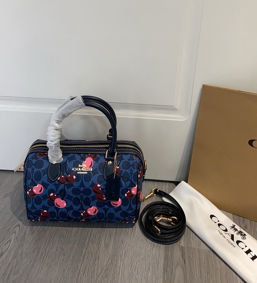 COACH CY692 Rowan Satchel Bag Denim Multi Signature Canvas Cherry Print Outlet