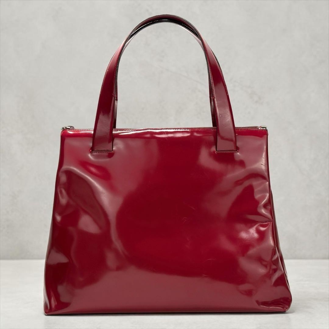 Prada Patent Leather Tote Bag Red Enamel Handbag Engraved Logo Purse 10 8.5 3.5