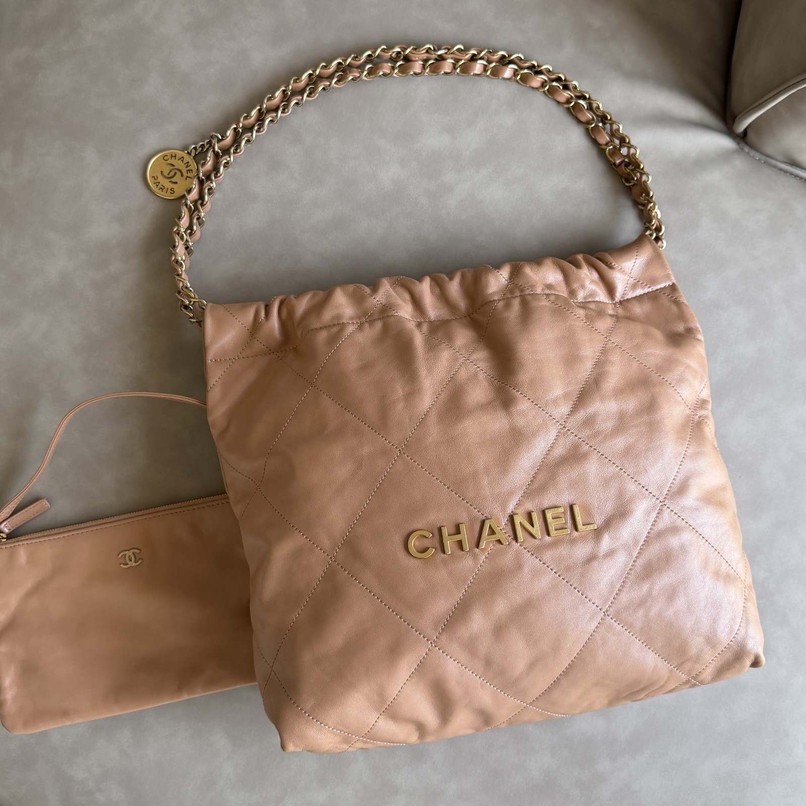 CHANEL 22 Small Shiny Calfskin Leather Brown Handbag Tote Bag Authentic