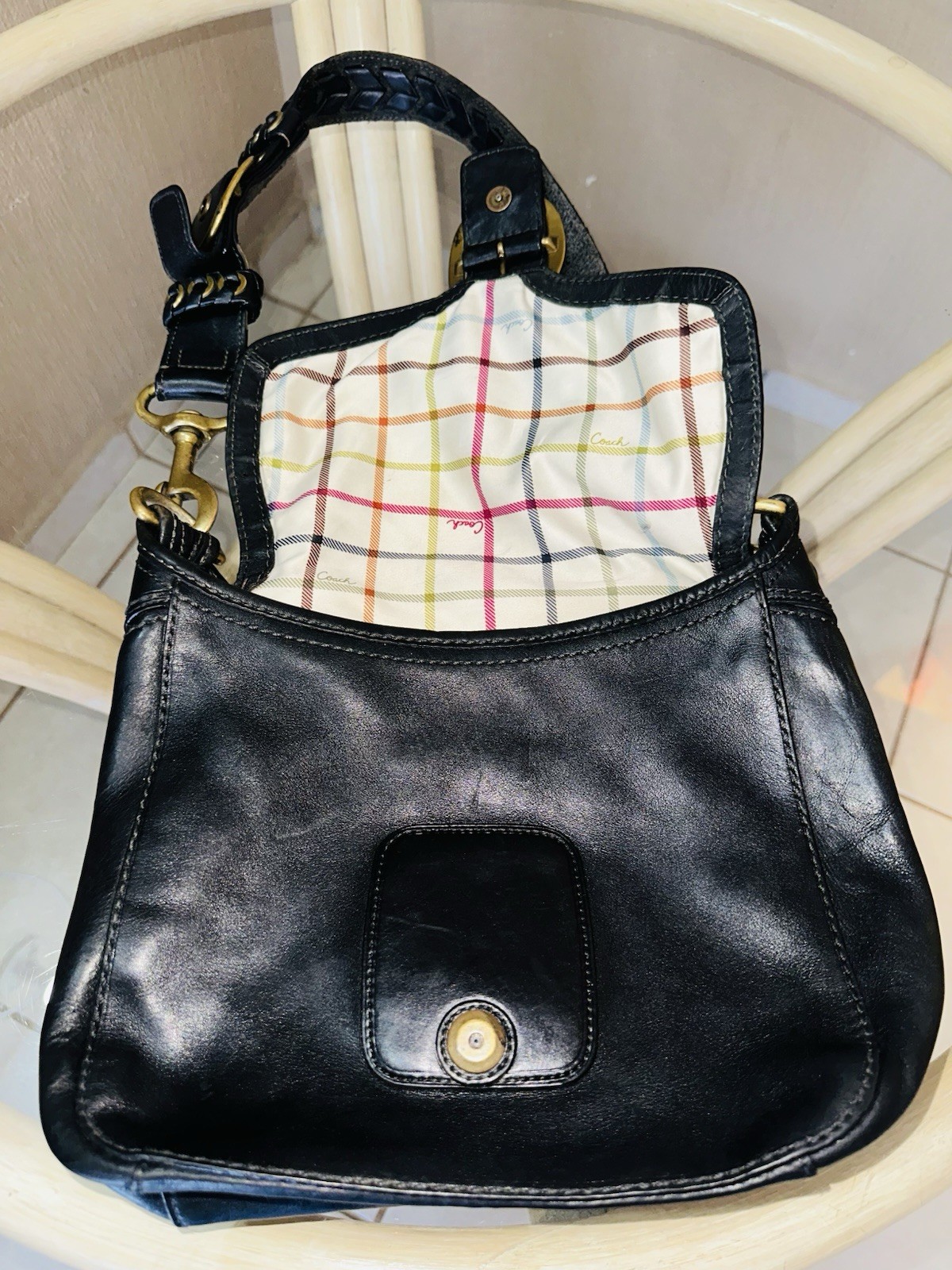 Vintage Coach Bleecker Legacy Tattersall Flap Shoulder Bag Black Leather