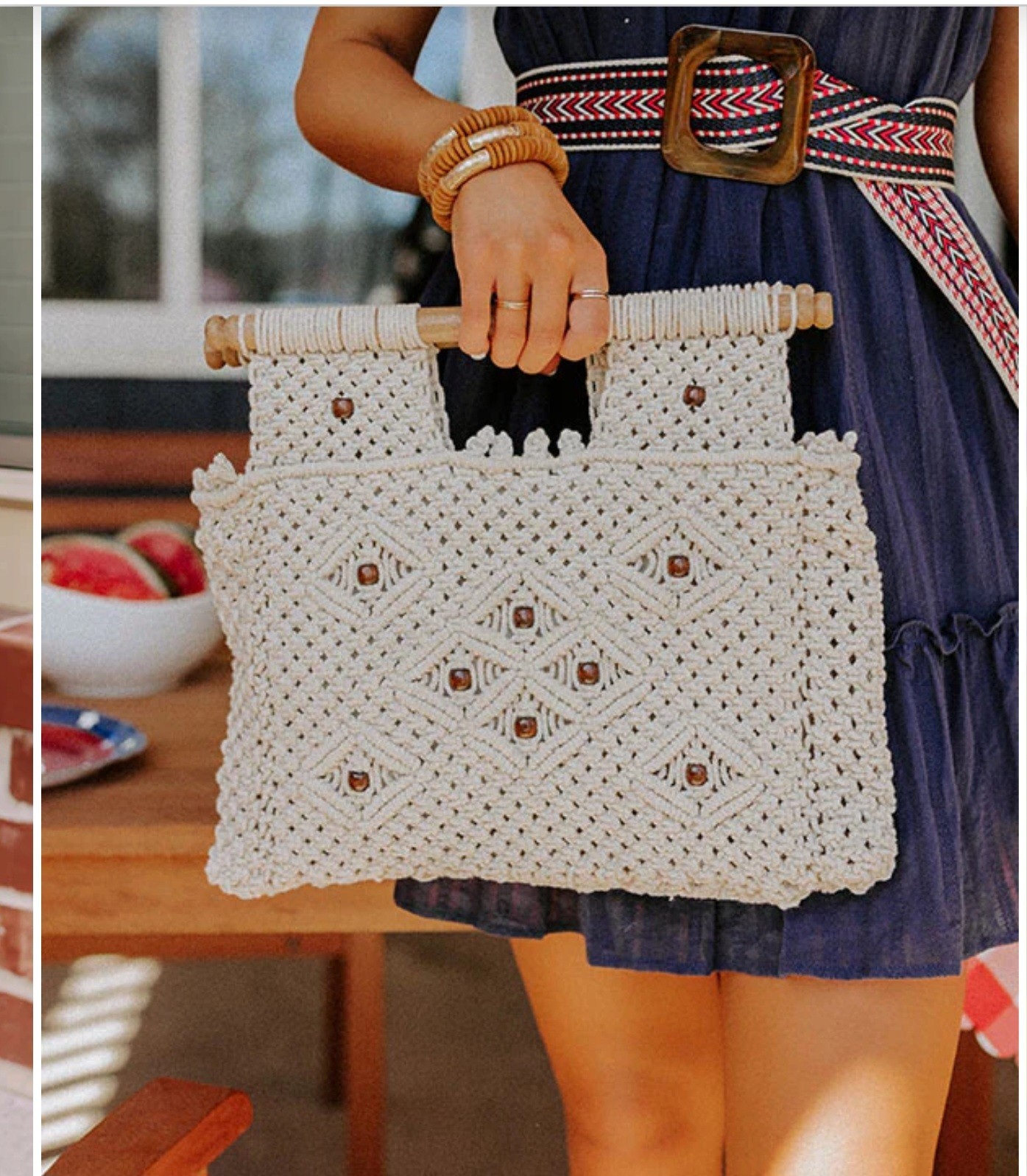 Macrame Boho Virginia Wolf Tote Bag with Wooden Handles/Beads Lined Pocket