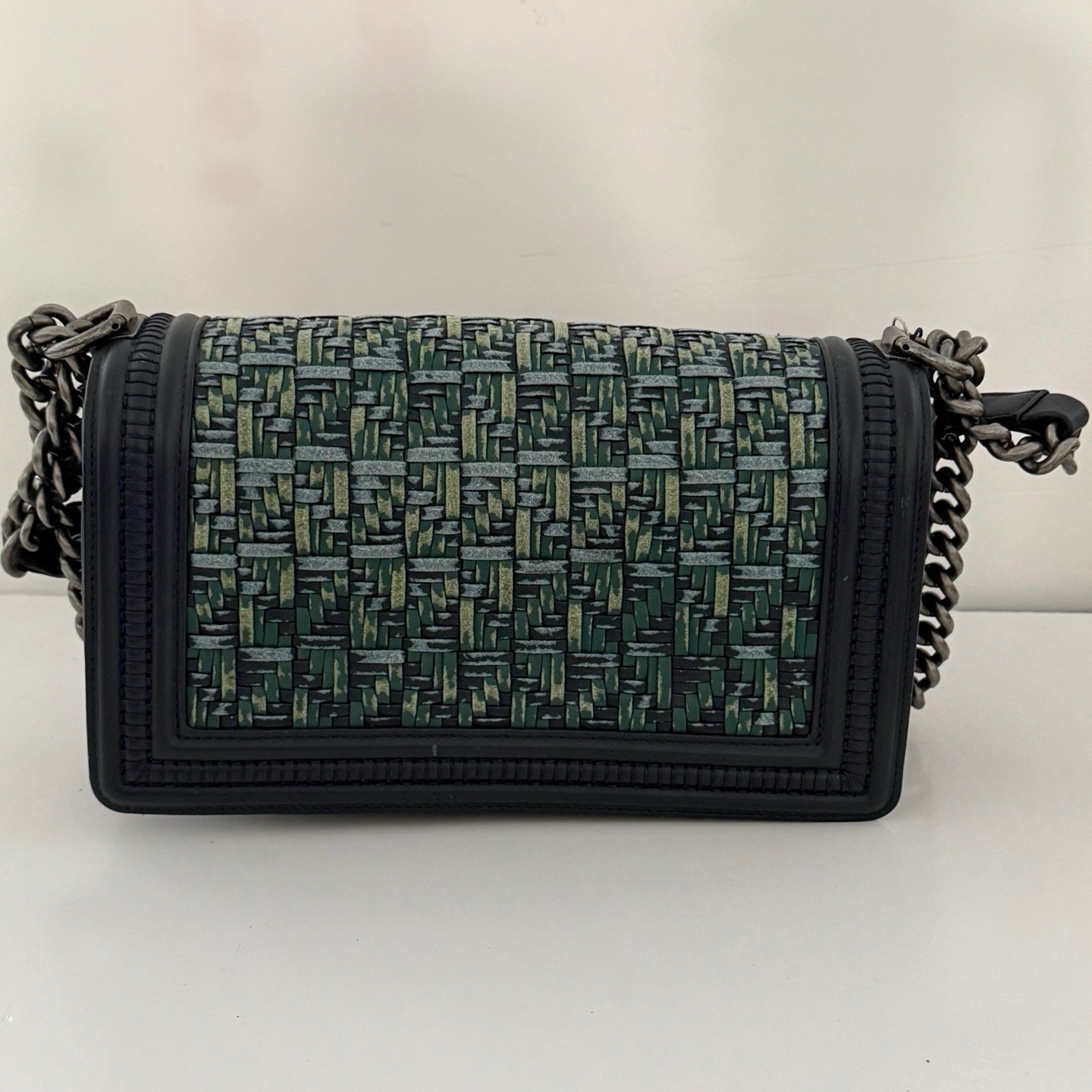 Authentic Chanel Le Boy Green Woven Leather Flap Bag Aged Silver Chain