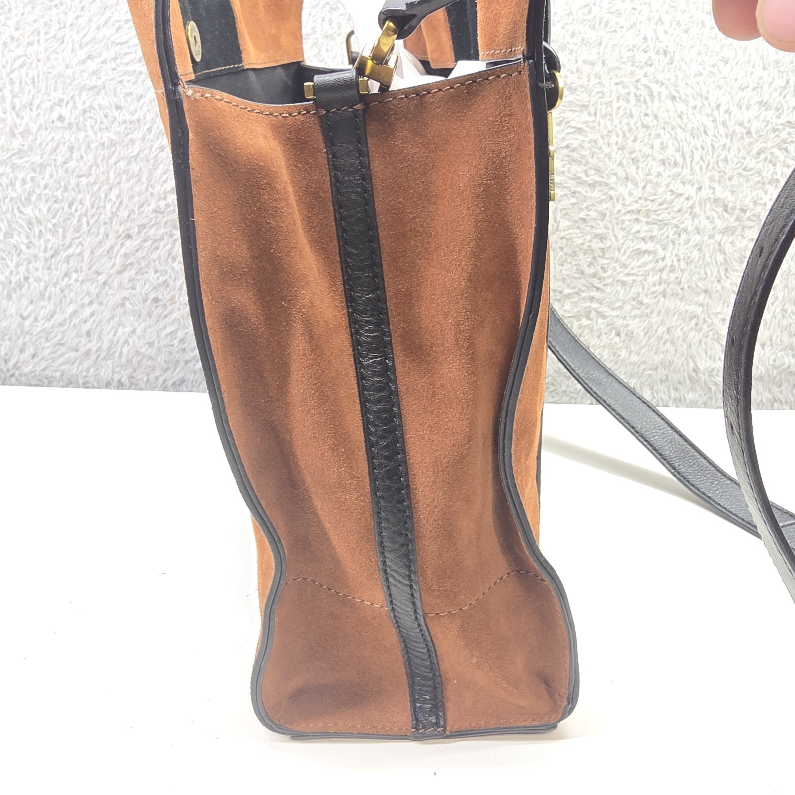 FOSSIL Carmen Shopper Brown Black SUEDE Leather Crossbody Tote Purse