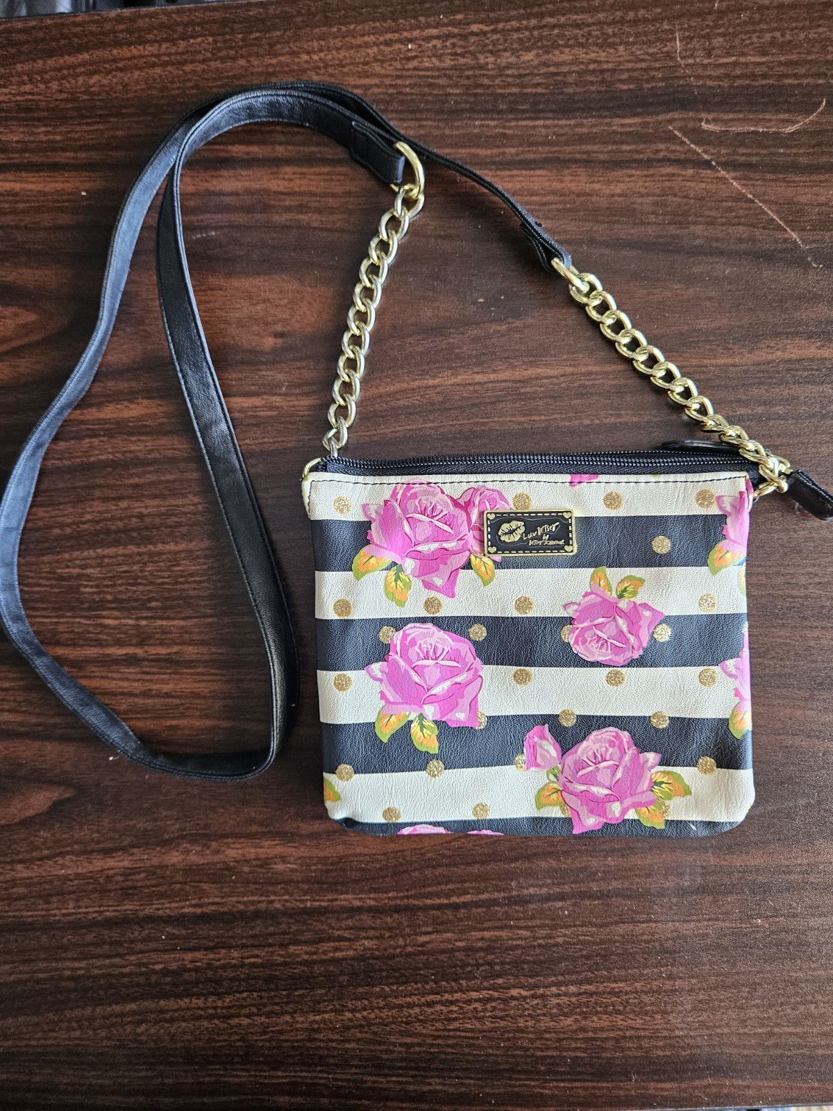 Betsy Johnson Black Abd White Stripped Crossbody Bag With Pink Roses