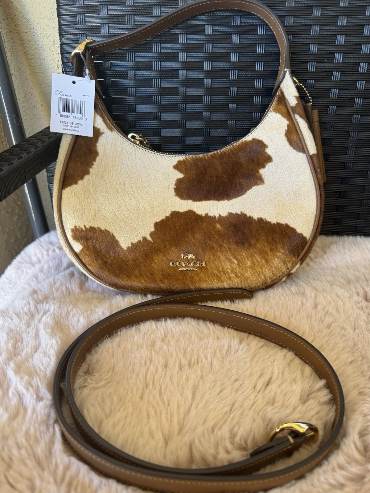 Coach Emily Shoulder Bag In Haircalf With Cow Print CDX23 Gold/Cow Multi