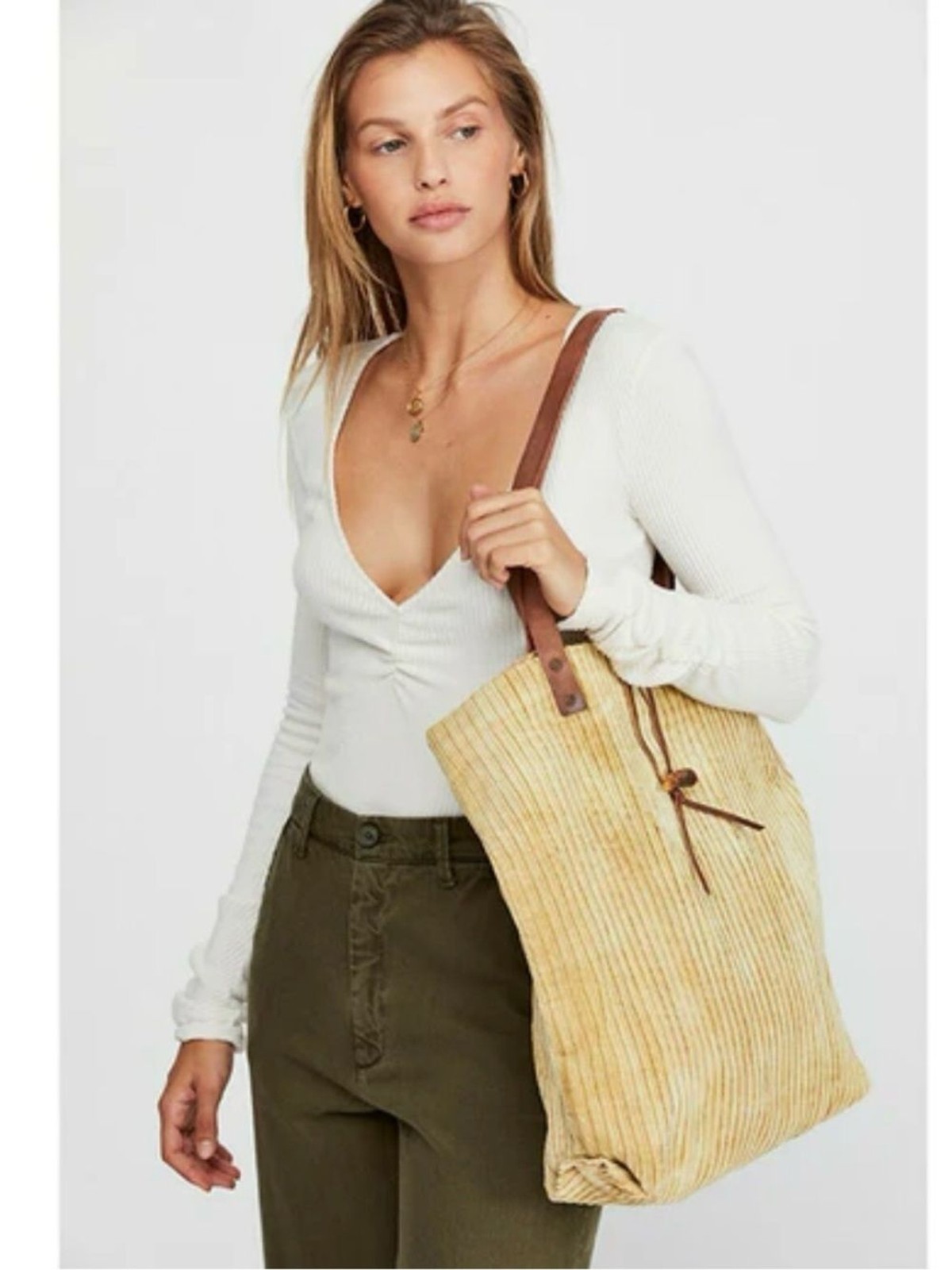Free People We The Free Corduroy Tote Bag Leather Straps Boho Slouchy Bag