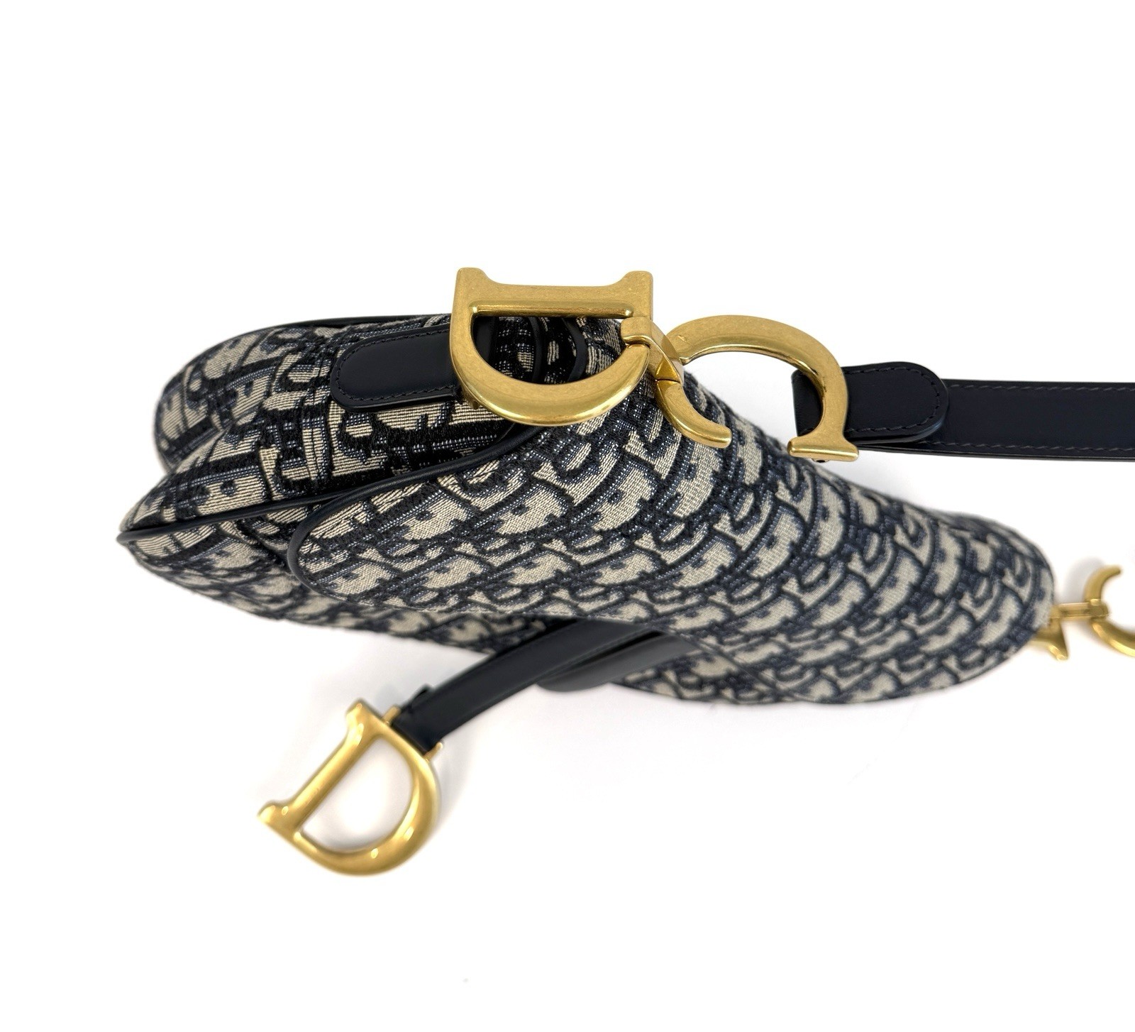 Dior Saddle Bag Navy/Beige Monogram Gold Hardware Zipper Detachable Strap