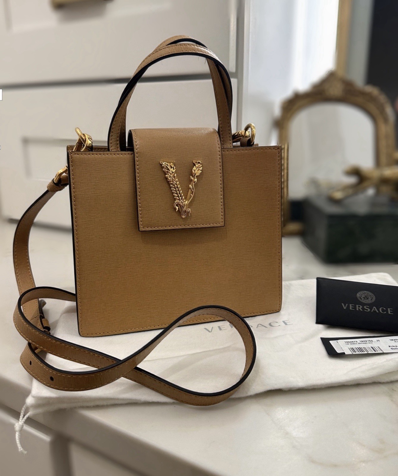 Versace Virtus Top Handle Mini Tote Crossbody Bag Caramel Saffiano Leather