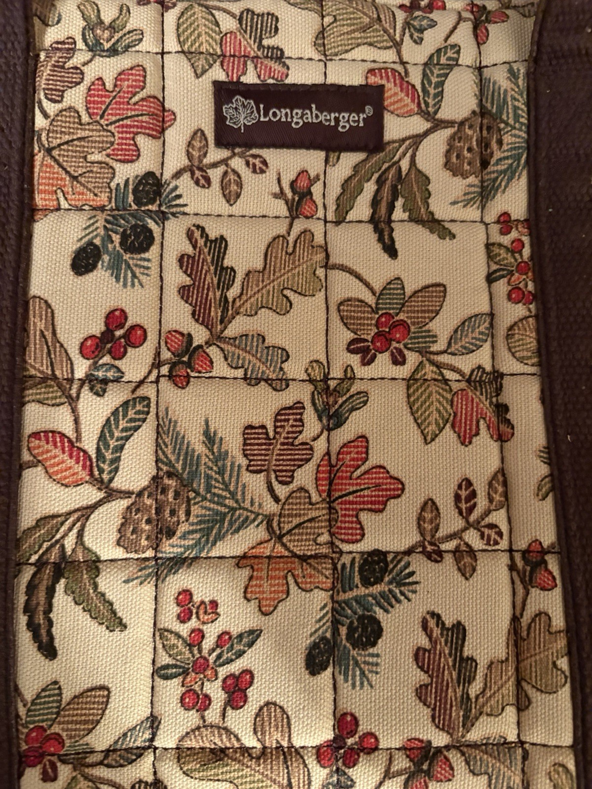 Longaberger Floral Zip Tote Bag Beige Brown Lined, Inner Pockets, Double Handle