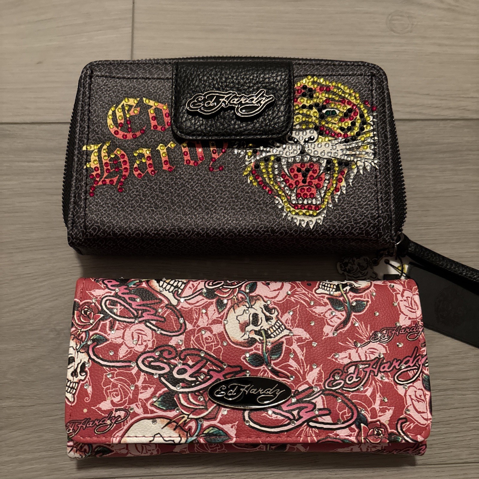 2 ED HARDY Black red Tiger Crystal Embellished Wristlet Wallet skull bag