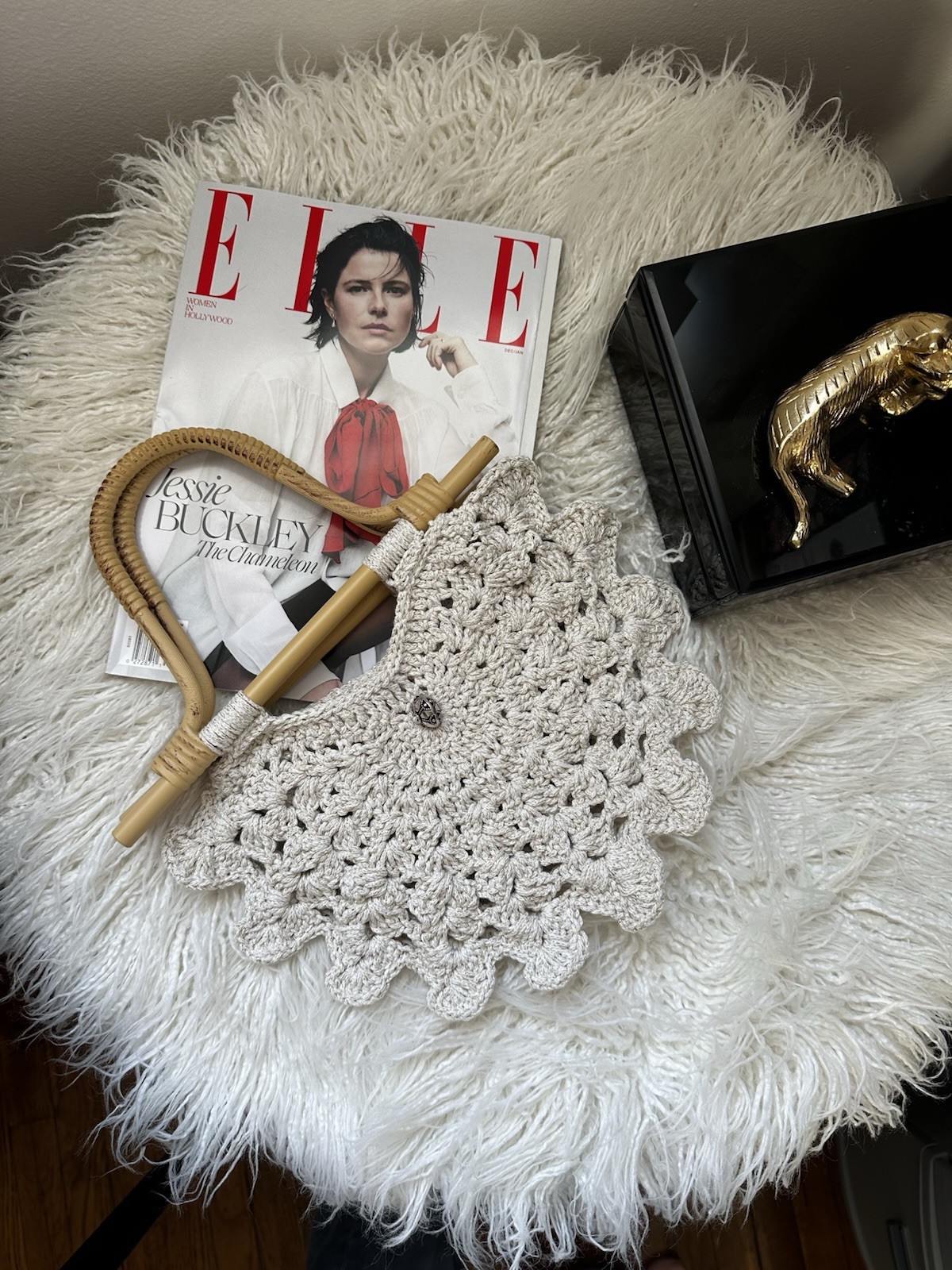 Beige Crochet Fan Top Handle Bag Wooden Handle Bohemian Handmade Women