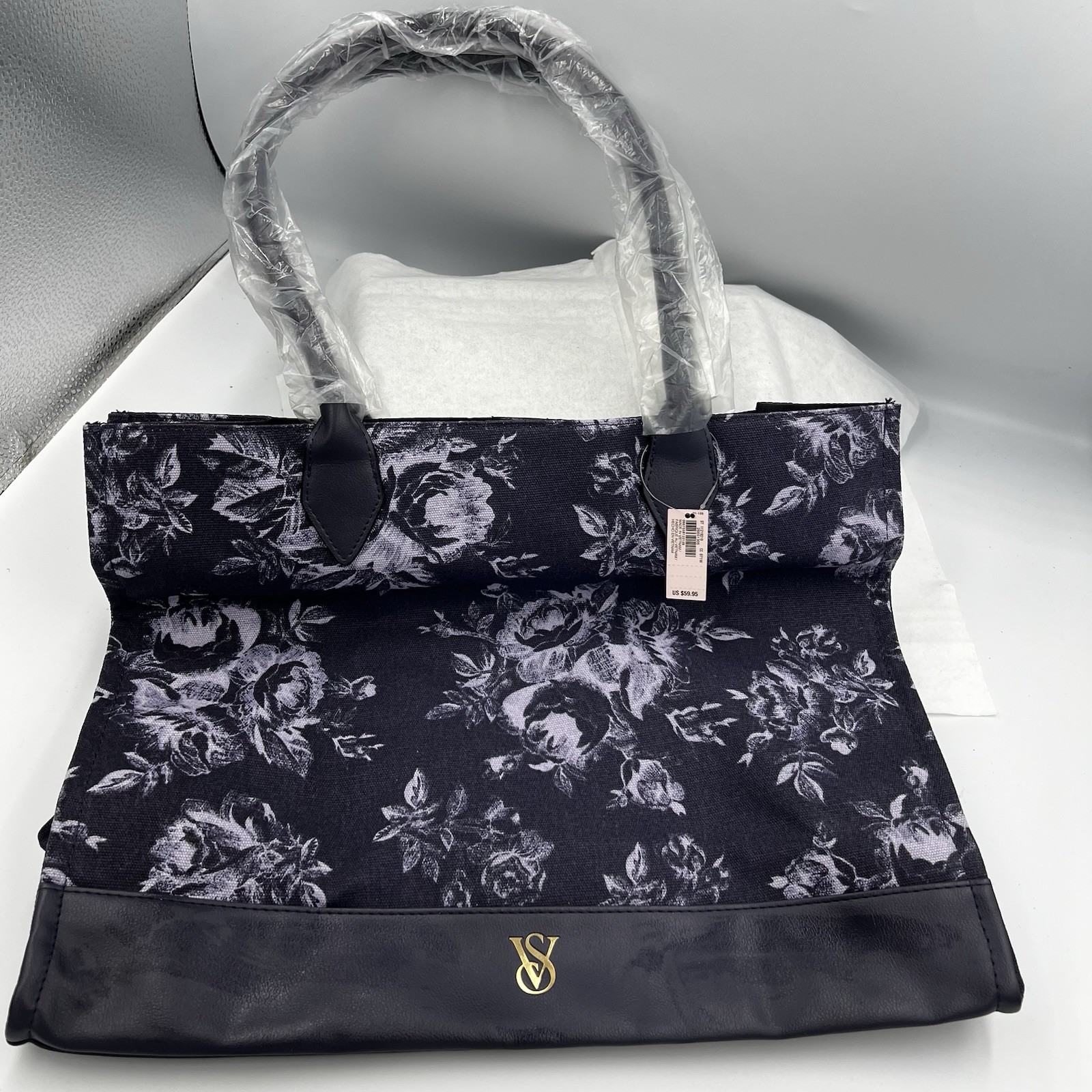 Victorias Secret Large Tote Blue Flowers Canvas Weekender, Overnight, Book Bag