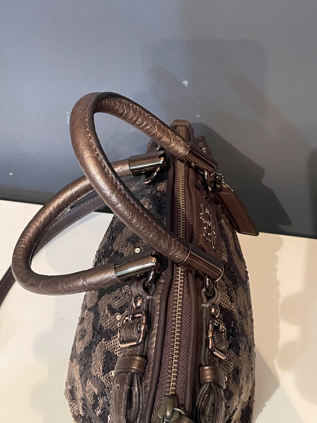 Coach Madison Sophia 18638 Leopard Sequin Satchel Bronze Crossbody Purse Bag