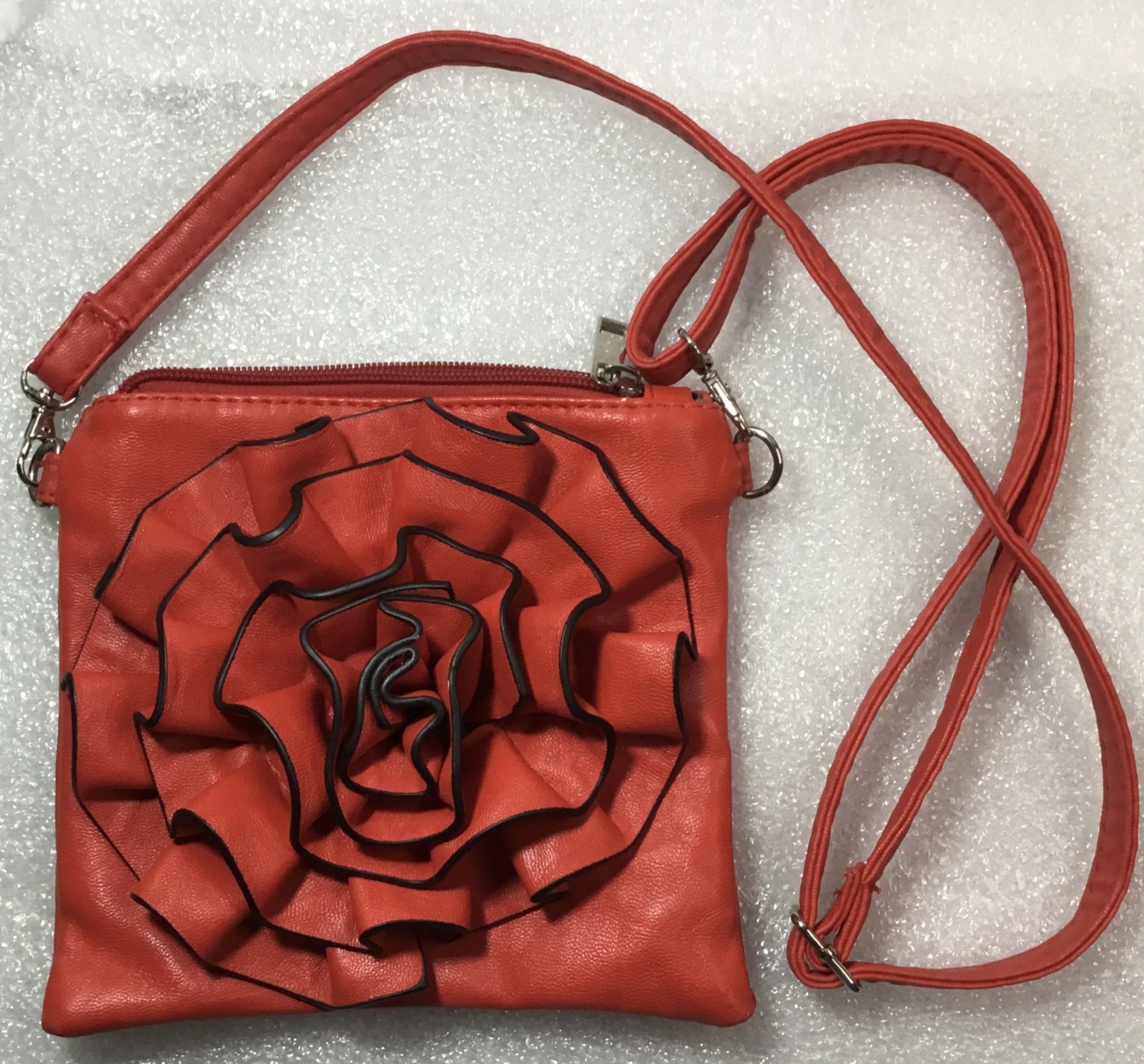Mellow World crossbody small purse, red rosette black trim, 3 pockets